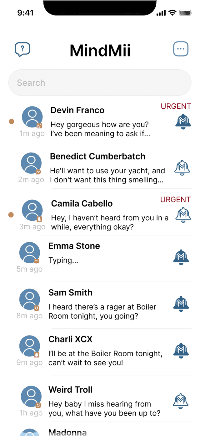 The main screen of the MindMii app, showing a list of texting conversations marked as urgent, unresponded, or responded.